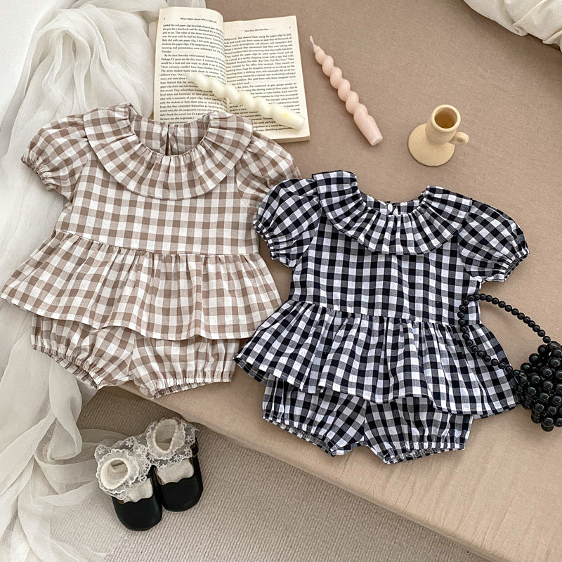 Summer Baby Kids Girls Plaid Short Sleeves Round Collar Top And Shorts in black and brown, made of soft cotton, perfect for warm weather.