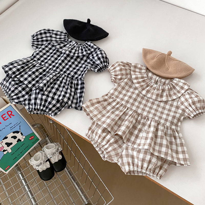 Summer Baby Kids Girls Plaid Short Sleeves Round Collar Top And Shorts in black and brown, made of soft cotton, perfect for warm weather.