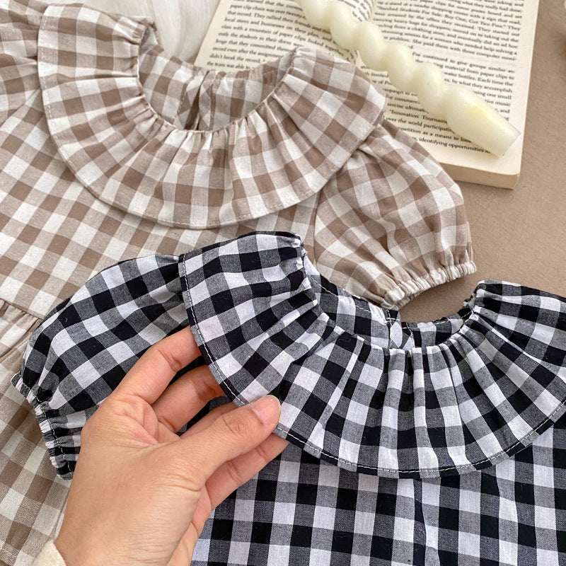 Summer Baby Kids Girls Plaid Short Sleeves Round Collar Top And Shorts in black and brown, made of soft cotton, perfect for warm weather.