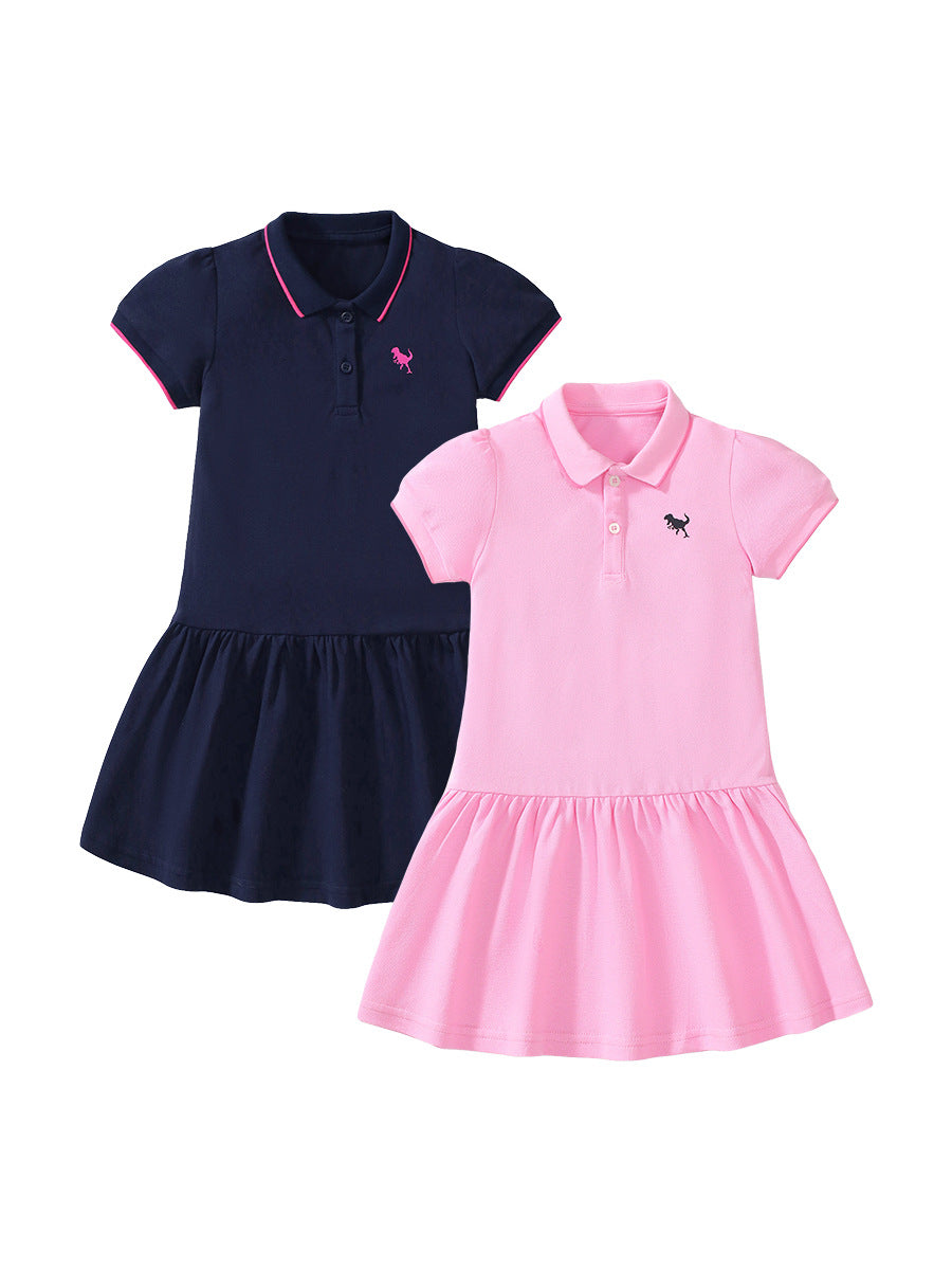 A stylish pink dress for baby girls featuring a black logo polo design, perfect for summer outings.