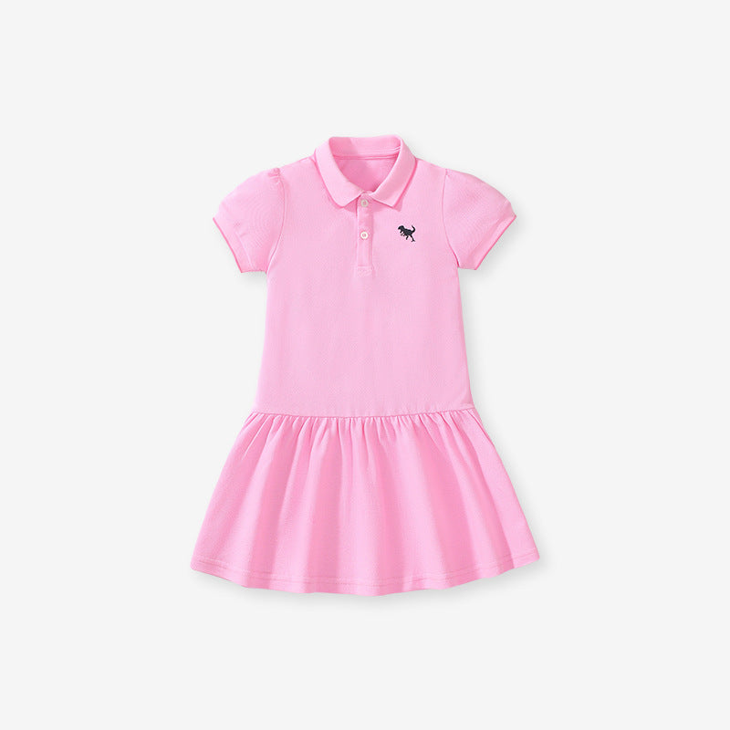 A stylish pink dress for baby girls featuring a black logo polo design, perfect for summer outings.