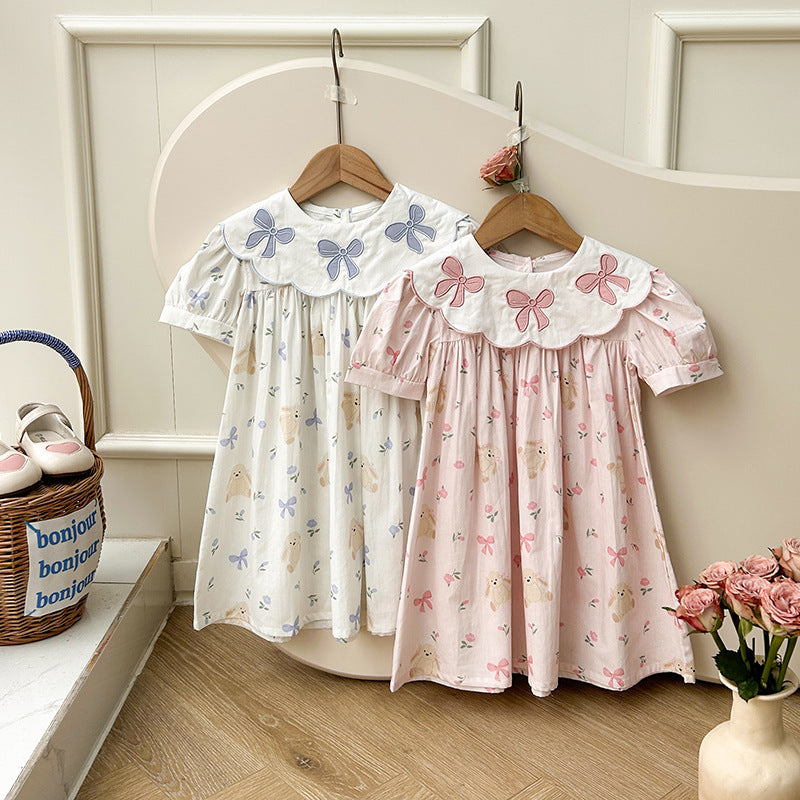 Summer Baby Kids Girls Short Sleeves Floral Teddy Print Embroidery top in pink and blue, featuring floral embroidery and teddy print.