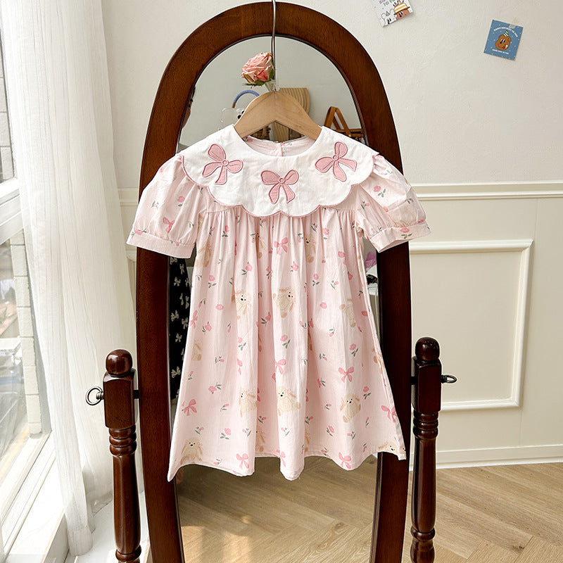 Summer Baby Kids Girls Short Sleeves Floral Teddy Print Embroidery top in pink and blue, featuring floral embroidery and teddy print.