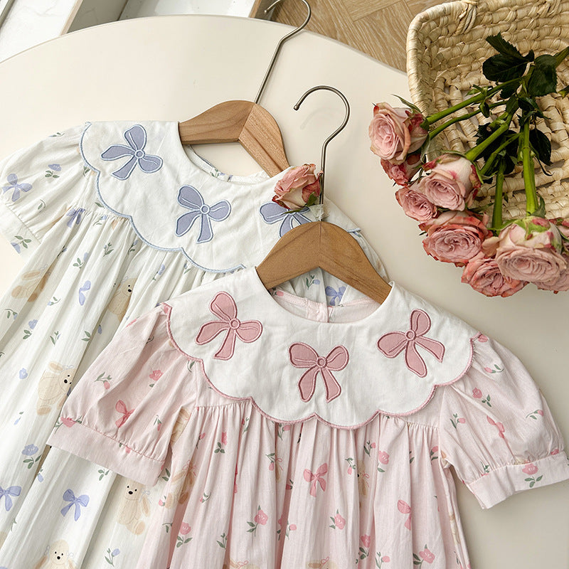 Summer Baby Kids Girls Short Sleeves Floral Teddy Print Embroidery top in pink and blue, featuring floral embroidery and teddy print.