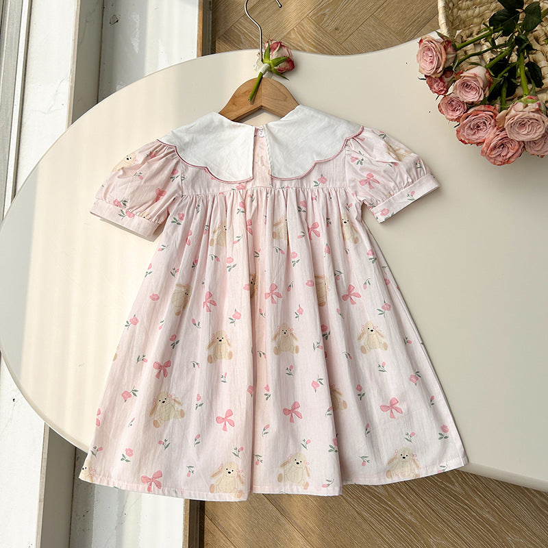 Summer Baby Kids Girls Short Sleeves Floral Teddy Print Embroidery top in pink and blue, featuring floral embroidery and teddy print.