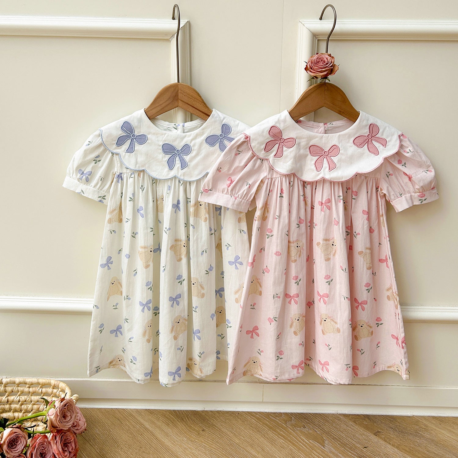 Summer Baby Kids Girls Short Sleeves Floral Teddy Print Embroidery top in pink and blue, featuring floral embroidery and teddy print.