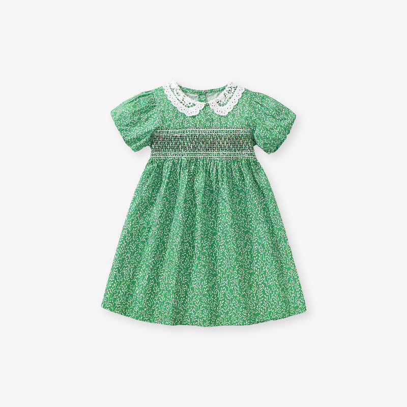 A vibrant green summer dress for girls featuring a lace collar and floral vine print, perfect for warm weather occasions.