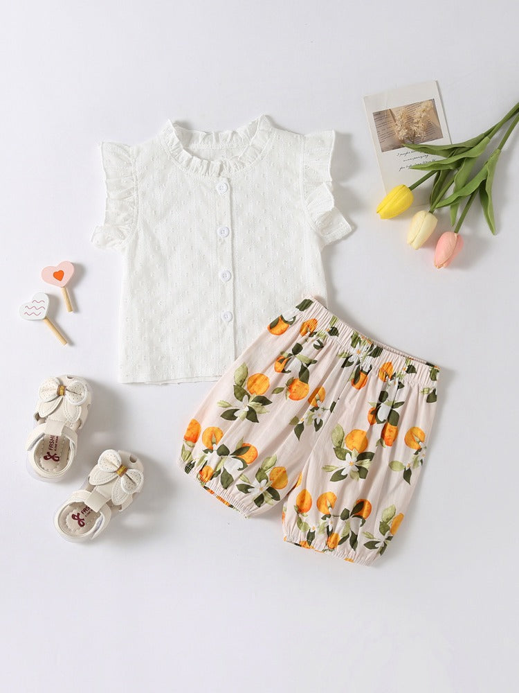 Summer Baby Kids Girls Top with Fly Sleeves in Solid White Color, made of soft cotton, perfect for warm weather.