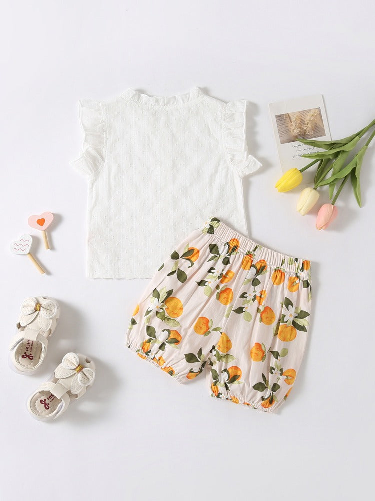 Summer Baby Kids Girls Top with Fly Sleeves in Solid White Color, made of soft cotton, perfect for warm weather.