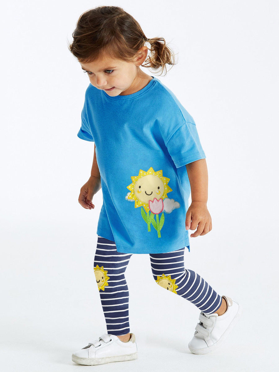 Summer Baby Kids Girls T-Shirt featuring a sunflower print in blue, perfect for warm weather.