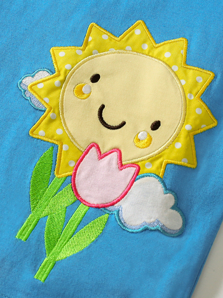 Summer Baby Kids Girls T-Shirt featuring a sunflower print in blue, perfect for warm weather.