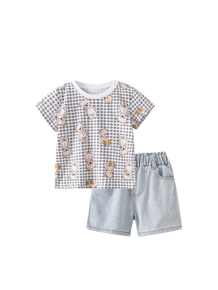 Light blue summer shirt for kids featuring a teddy bear pattern and plaid design, made from soft cotton material.