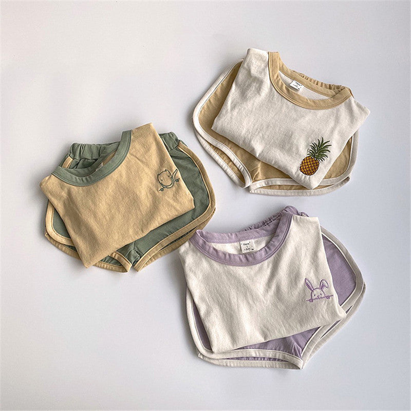 Summer Baby Kids Unisex Embroidery Logo Short Sleeves Crew Neck t-shirt in purple, green, and yellow colors, showcasing soft cotton fabric and embroidered logo.