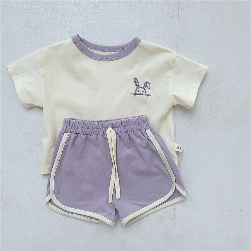 Summer Baby Kids Unisex Embroidery Logo Short Sleeves Crew Neck t-shirt in purple, green, and yellow colors, showcasing soft cotton fabric and embroidered logo.