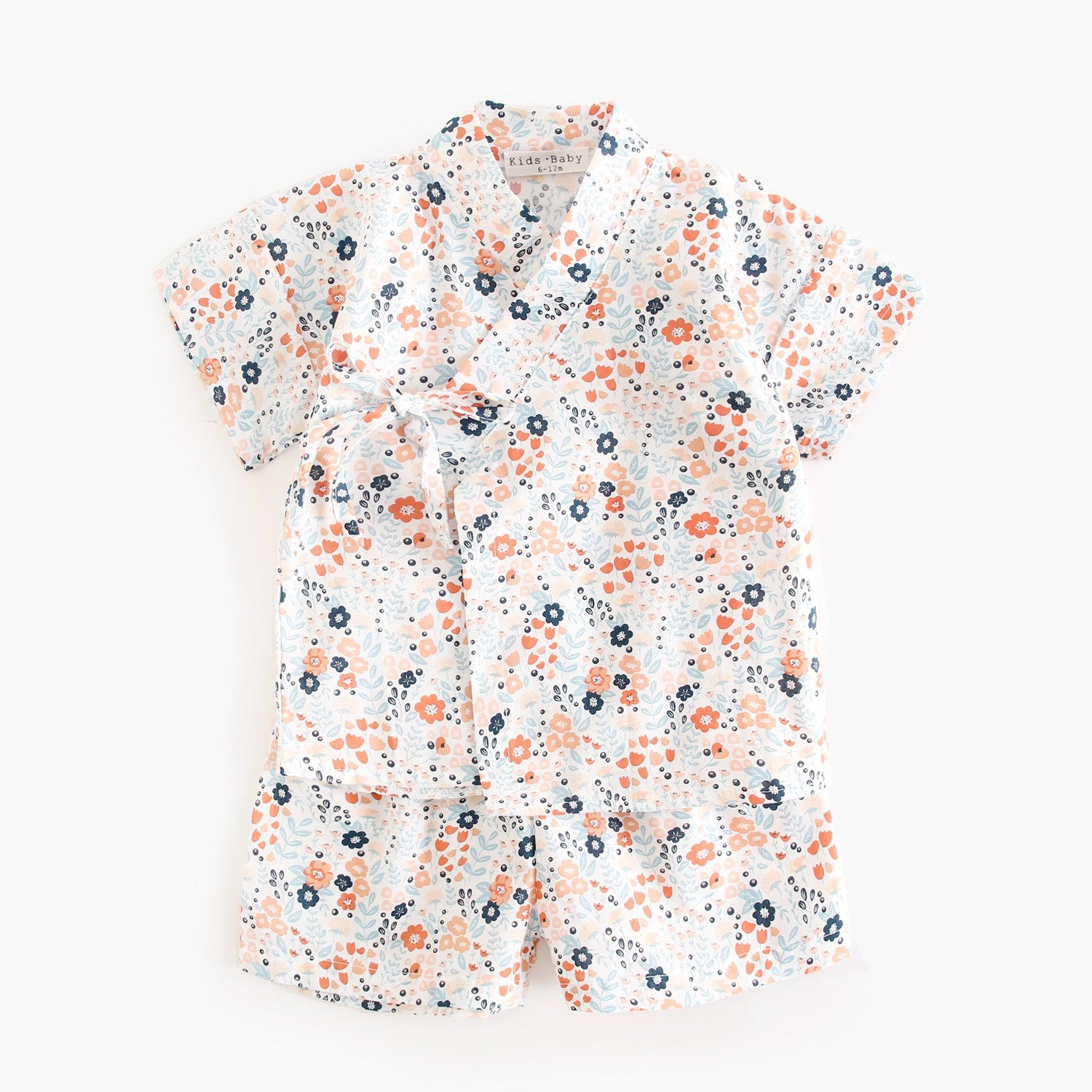 Summer Baby Kids Unisex Floral Print Casual V Neck T-Shirt and Shorts in white, navy blue, and brown colors, showcasing floral patterns.