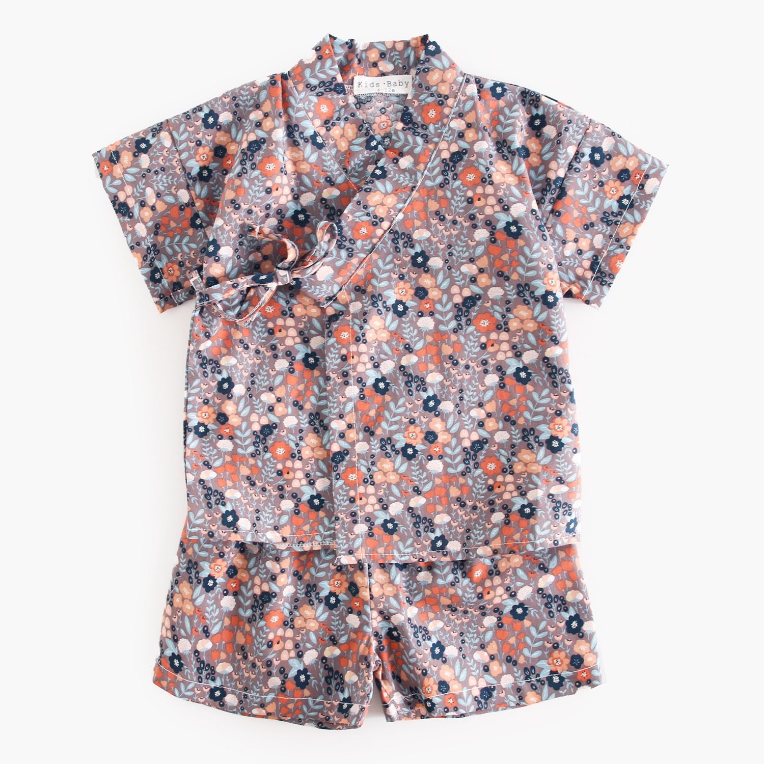 Summer Baby Kids Unisex Floral Print Casual V Neck T-Shirt and Shorts in white, navy blue, and brown colors, showcasing floral patterns.