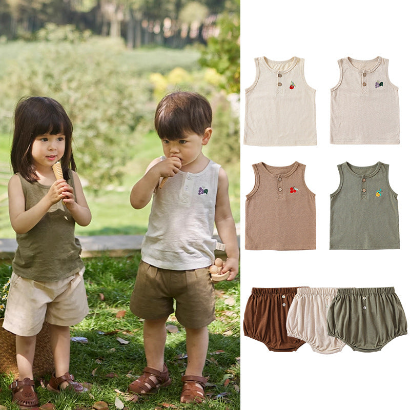 Summer Baby Kids Unisex Fruit Embroidered Logo Sleeveless Vest in various colors, showcasing playful fruit embroidery.