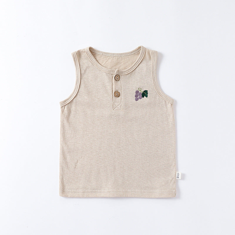 Summer Baby Kids Unisex Fruit Embroidered Logo Sleeveless Vest in various colors, showcasing playful fruit embroidery.