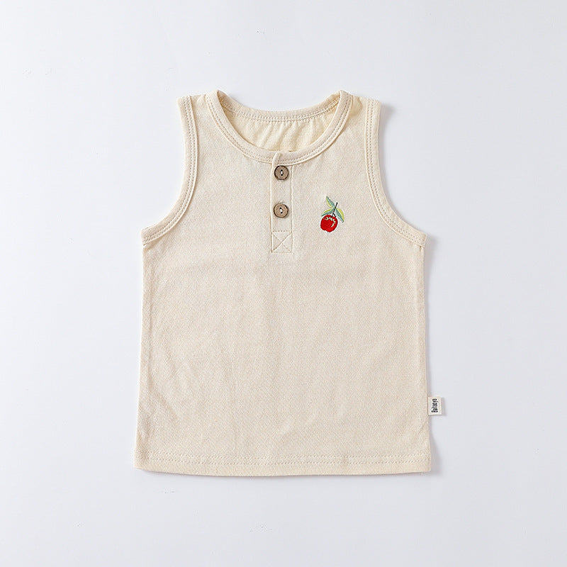 Summer Baby Kids Unisex Fruit Embroidered Logo Sleeveless Vest in various colors, showcasing playful fruit embroidery.