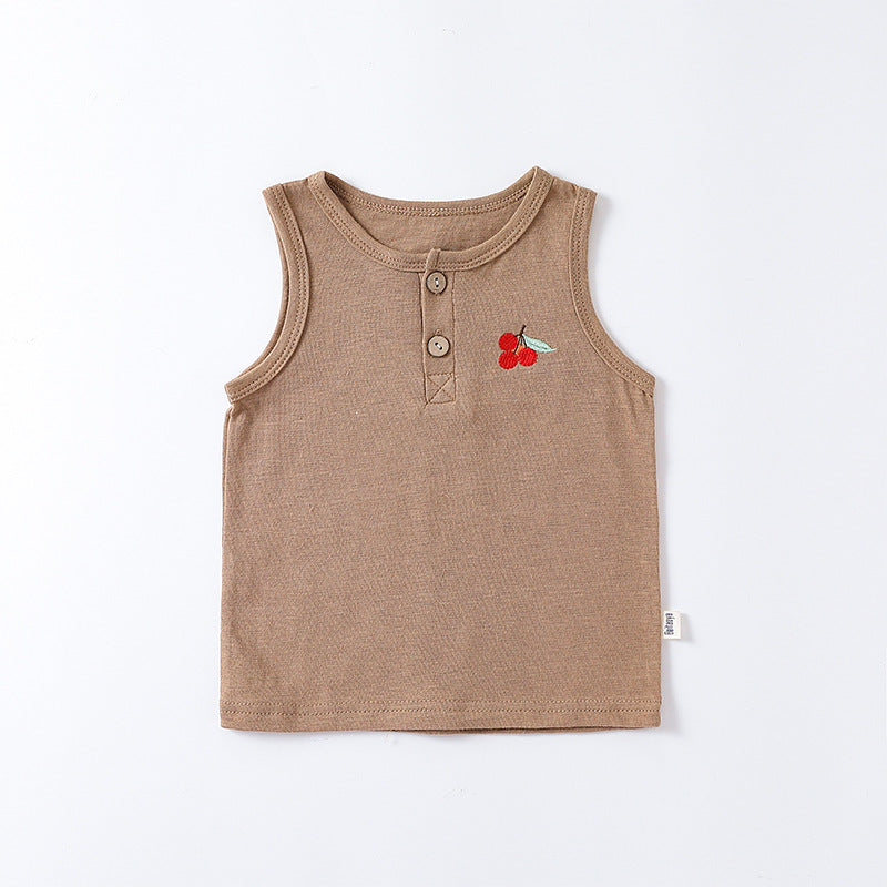 Summer Baby Kids Unisex Fruit Embroidered Logo Sleeveless Vest in various colors, showcasing playful fruit embroidery.