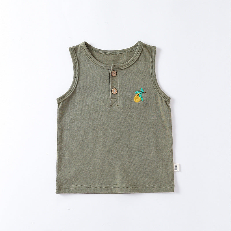 Summer Baby Kids Unisex Fruit Embroidered Logo Sleeveless Vest in various colors, showcasing playful fruit embroidery.