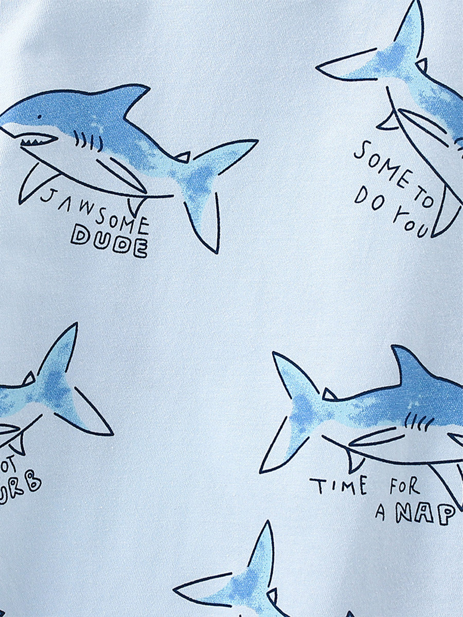 Summer Baby Kids Unisex Marine Sharks Cartoon Pattern Shorts in blue, featuring playful shark designs, perfect for summer wear.