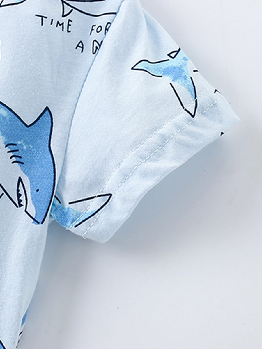 Summer Baby Kids Unisex Marine Sharks Cartoon Pattern Shorts in blue, featuring playful shark designs, perfect for summer wear.