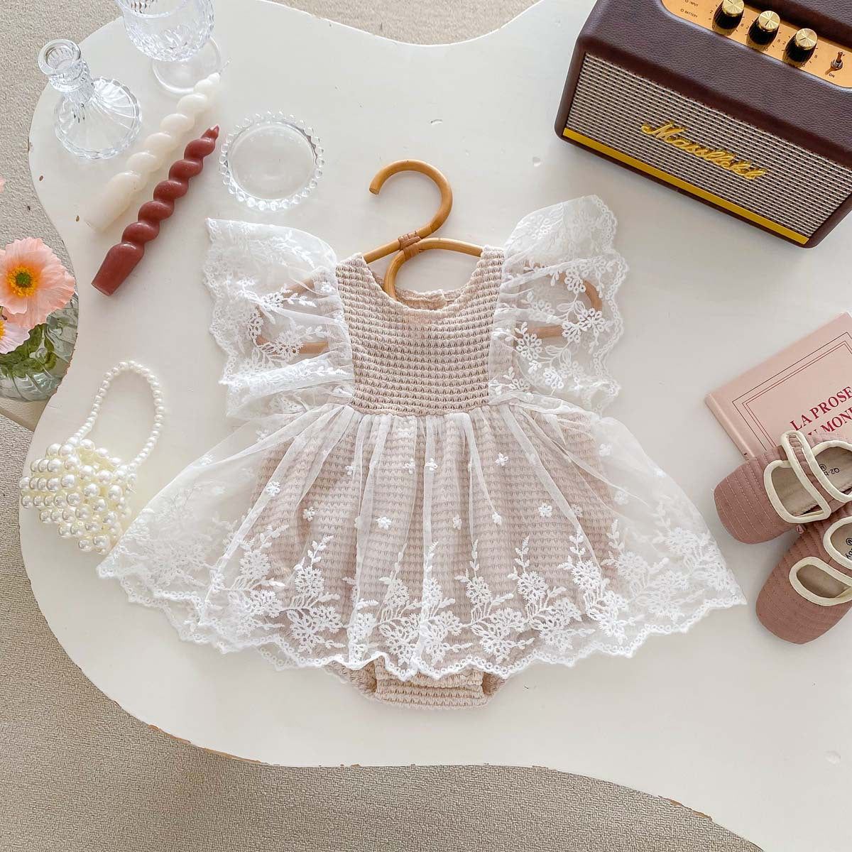 Summer Baby Waffle Pattern Lace Mesh Princess Onesie Dress in khaki color for girls, featuring a stylish waffle pattern and lace mesh details.