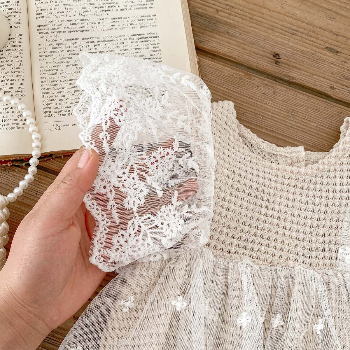 Summer Baby Waffle Pattern Lace Mesh Princess Onesie Dress in khaki color for girls, featuring a stylish waffle pattern and lace mesh details.