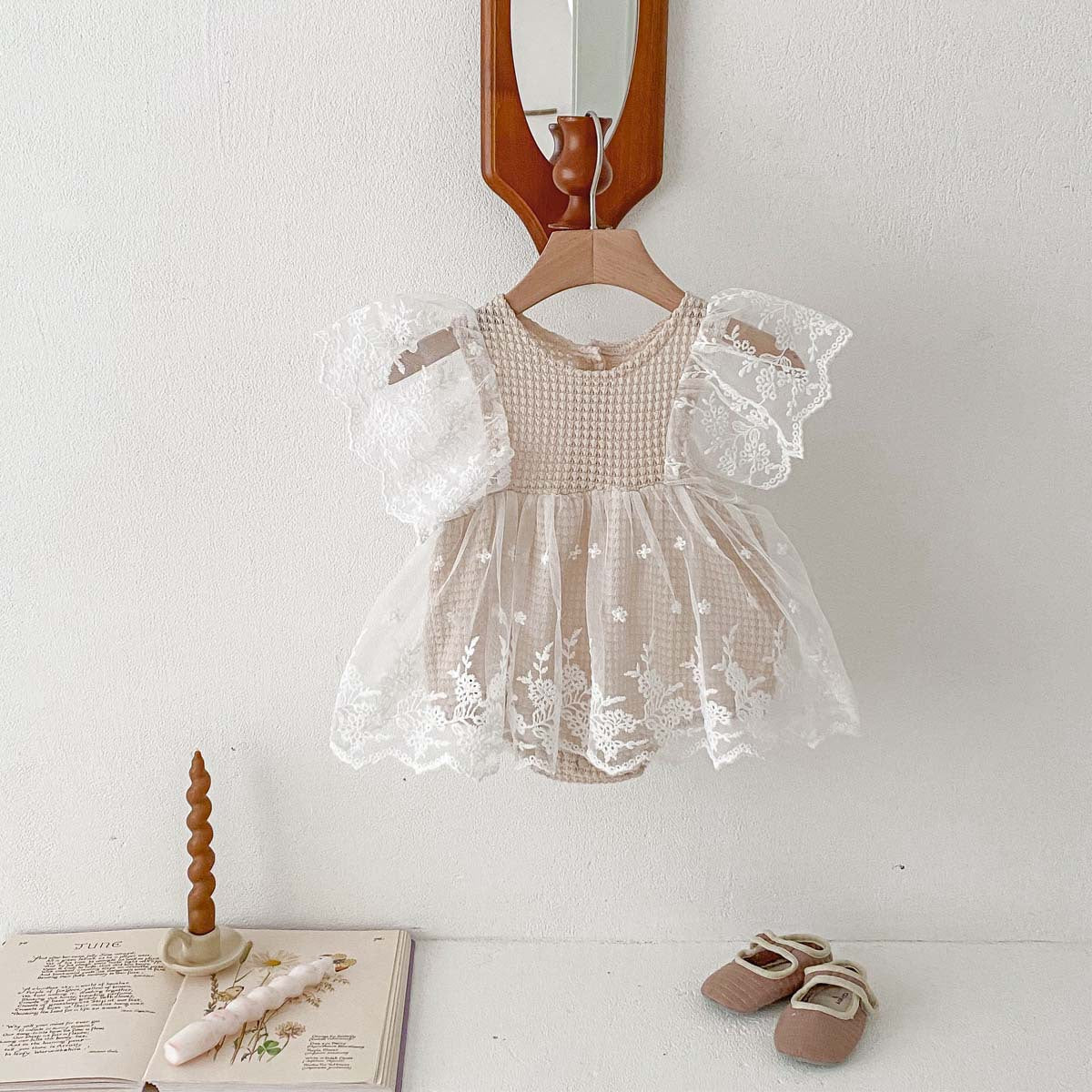 Summer Baby Waffle Pattern Lace Mesh Princess Onesie Dress in khaki color for girls, featuring a stylish waffle pattern and lace mesh details.