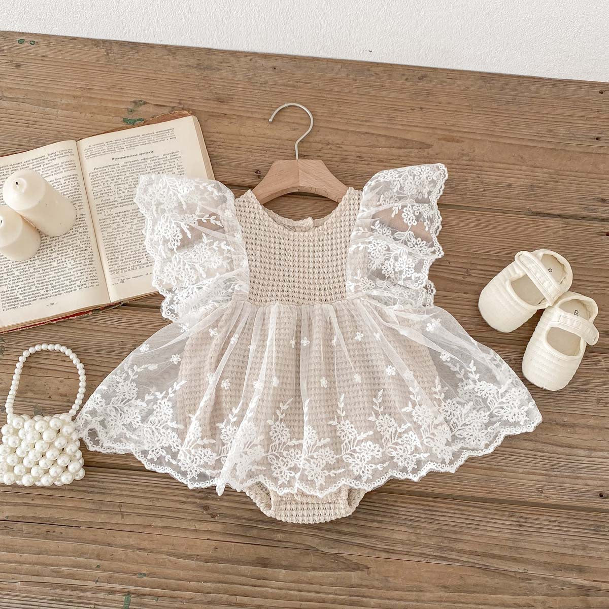 Summer Baby Waffle Pattern Lace Mesh Princess Onesie Dress in khaki color for girls, featuring a stylish waffle pattern and lace mesh details.