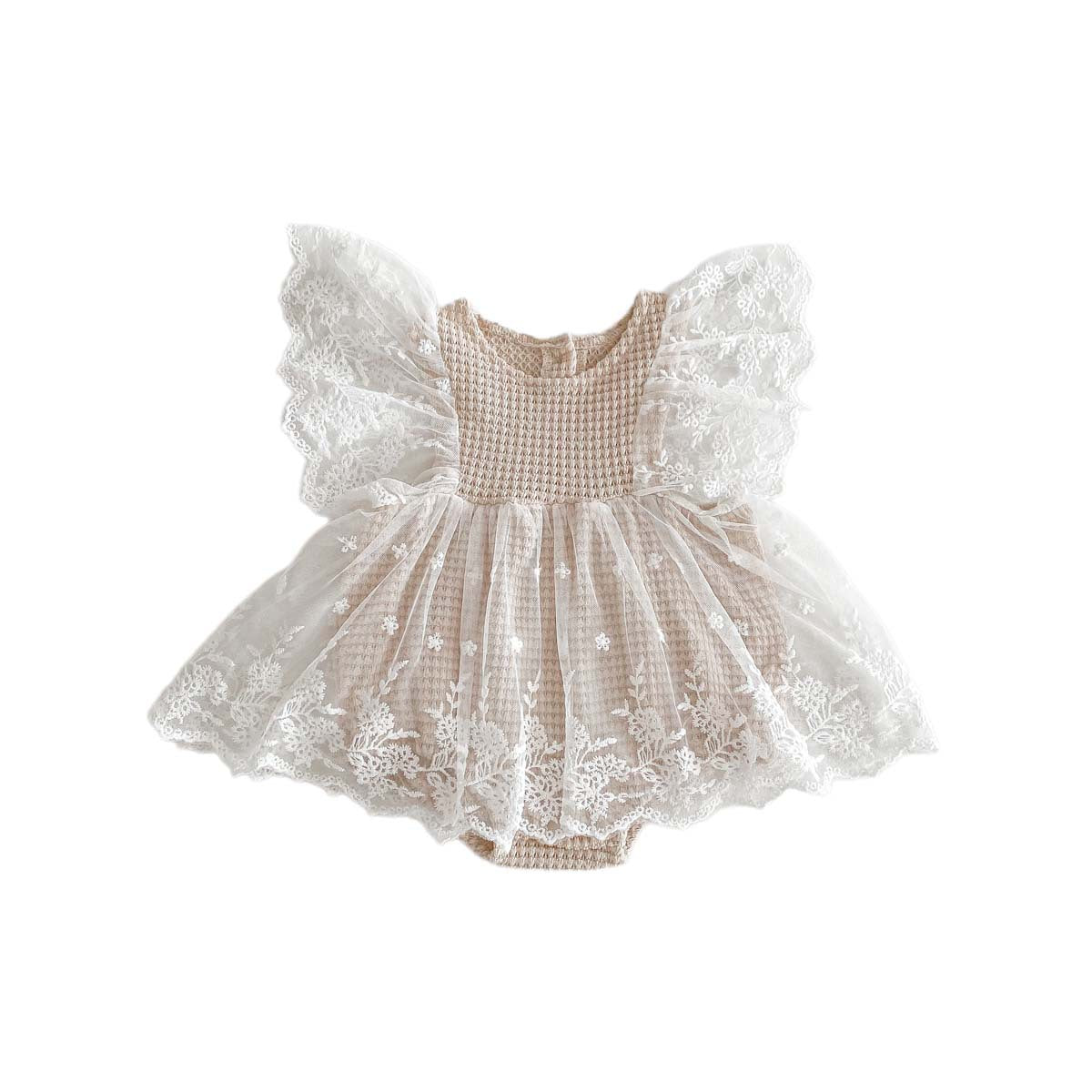 Summer Baby Waffle Pattern Lace Mesh Princess Onesie Dress in khaki color for girls, featuring a stylish waffle pattern and lace mesh details.