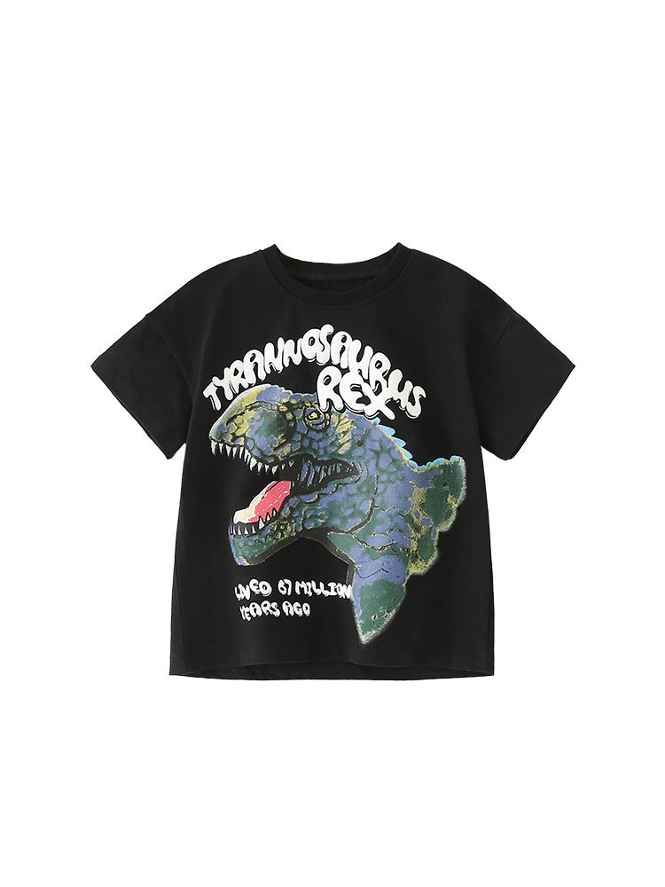 A black short-sleeved t-shirt featuring a fierce cartoon dinosaur print, designed for boys aged 12 months to 10 years.