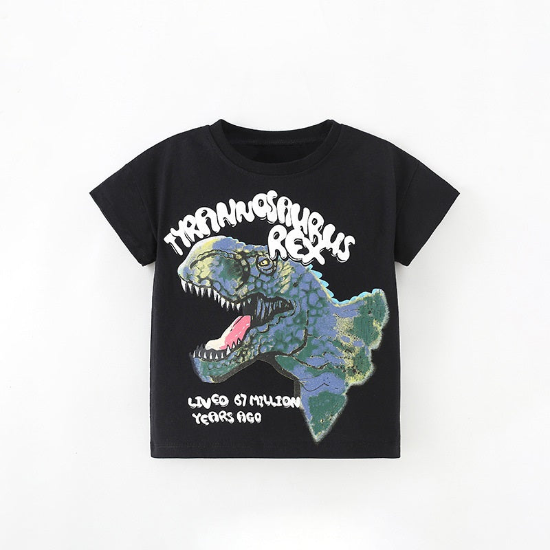 A black short-sleeved t-shirt featuring a fierce cartoon dinosaur print, designed for boys aged 12 months to 10 years.