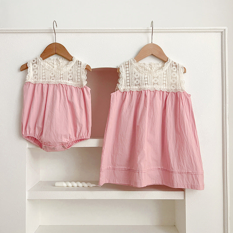 Summer Girls Floral Embroidery Lace Patchwork Sleeveless Onesies in pink and light pink, showcasing floral designs and lace details.