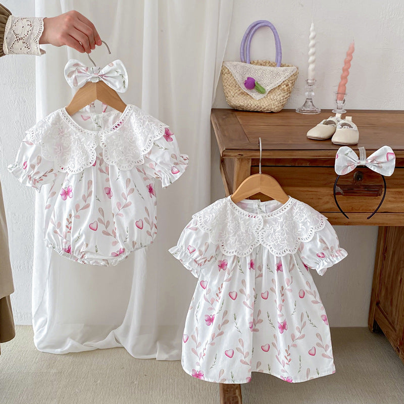 Summer girls onesies featuring a floral pattern and hollow out collar in beige and apricot colors, made from soft cotton.