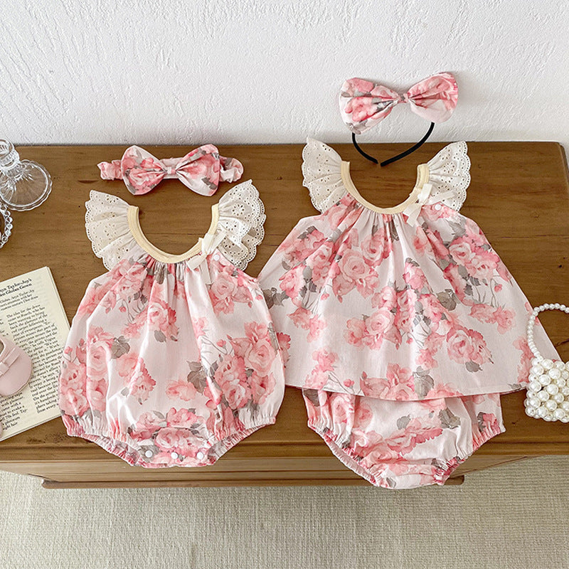 Summer Girls Flowers Pattern Sleeveless Hollow Out Lace Strap Onesies in pink with floral design, perfect for warm weather.