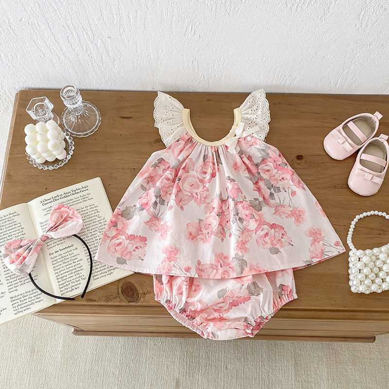 Summer Girls Flowers Pattern Sleeveless Hollow Out Lace Strap Onesies in pink with floral design, perfect for warm weather.