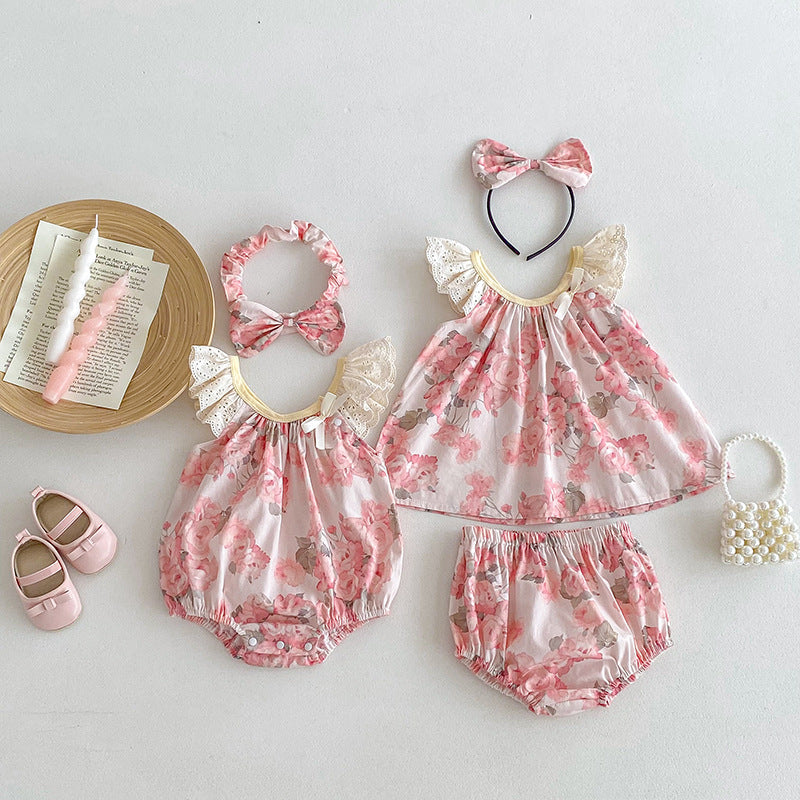 Summer Girls Flowers Pattern Sleeveless Hollow Out Lace Strap Onesies in pink with floral design, perfect for warm weather.