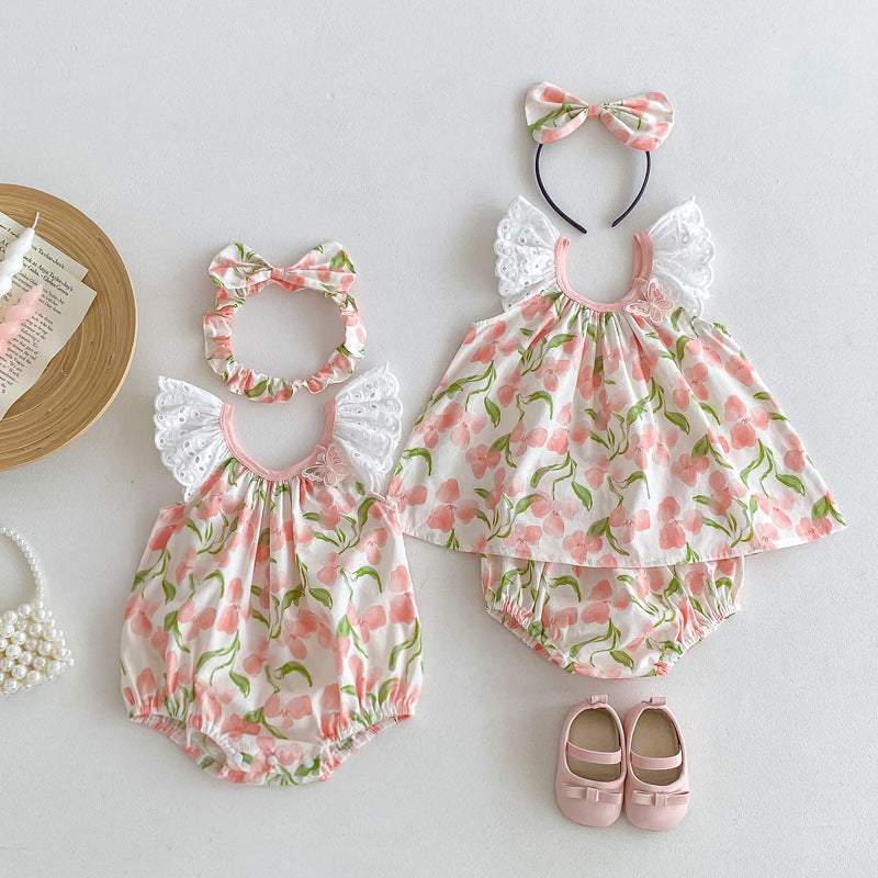 Summer Girls Flowers Pattern Sleeveless Lace Strap Onesies in pink and light pink with floral design.