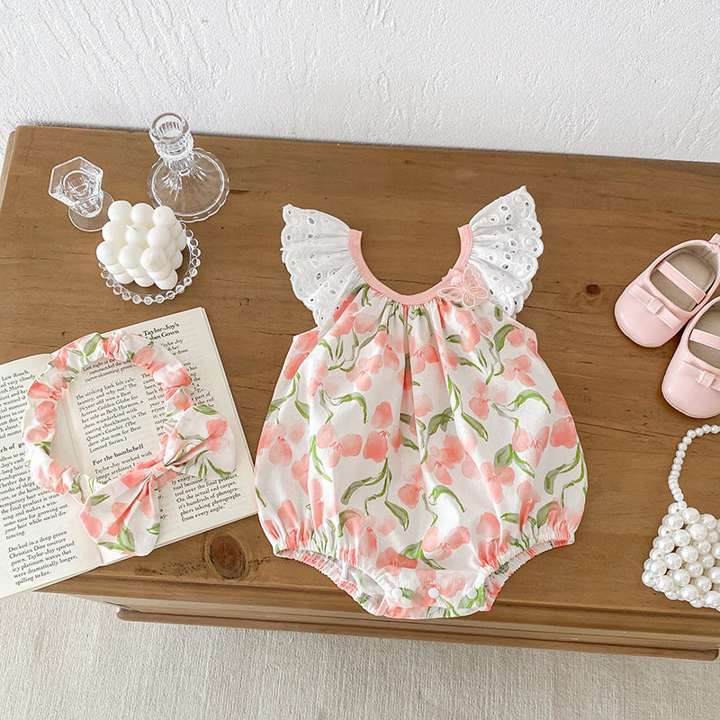 Summer Girls Flowers Pattern Sleeveless Lace Strap Onesies in pink and light pink with floral design.