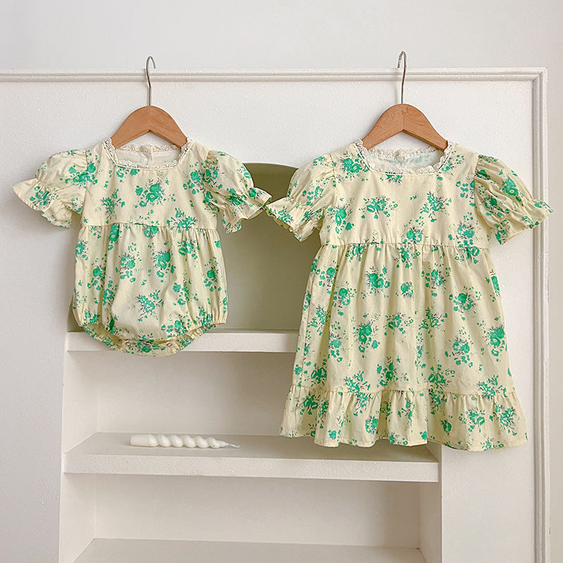 Summer girls green floral pattern square neck onesies, showcasing vibrant floral design and comfortable fit for baby girls.