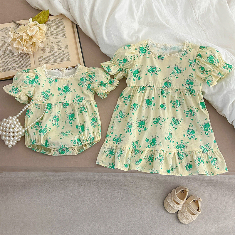 Summer girls green floral pattern square neck onesies, showcasing vibrant floral design and comfortable fit for baby girls.