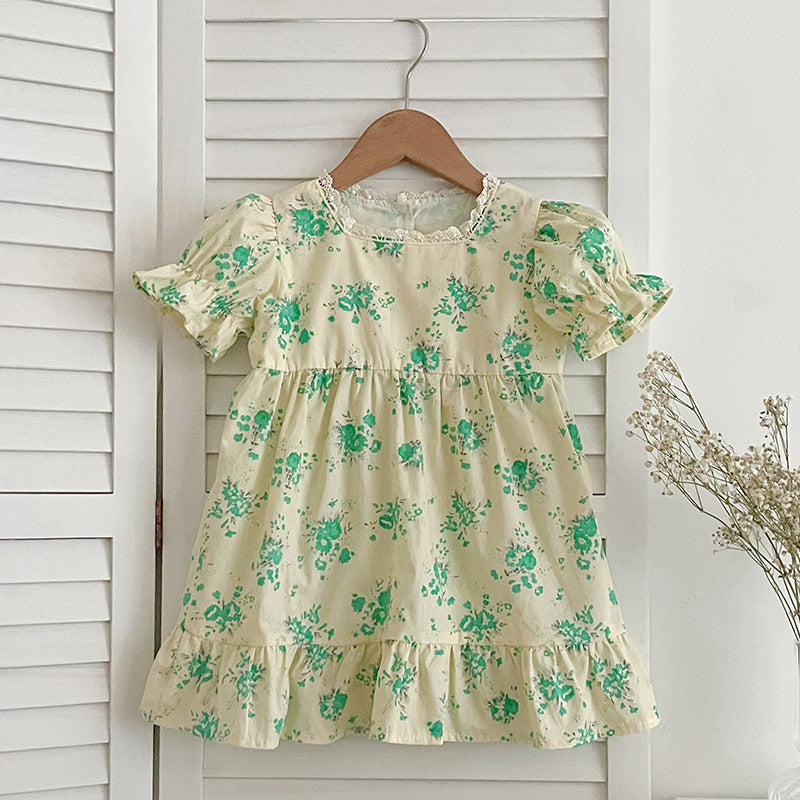 Summer girls green floral pattern square neck onesies, showcasing vibrant floral design and comfortable fit for baby girls.