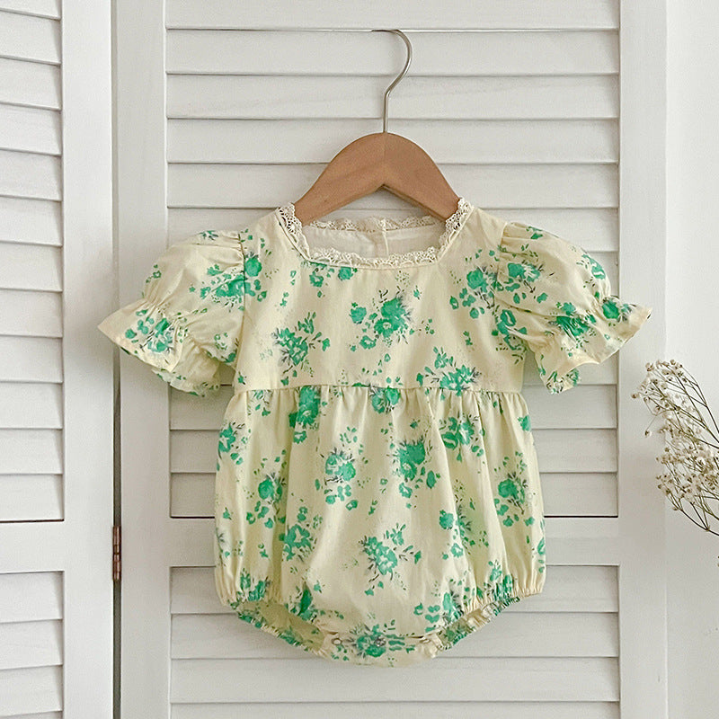 Summer girls green floral pattern square neck onesies, showcasing vibrant floral design and comfortable fit for baby girls.