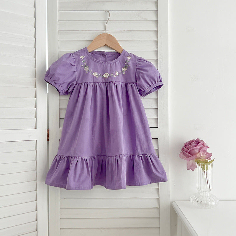 Summer Girls Floral Pattern Embroidery Crew Neck Dress in purple and beige, showcasing floral embroidery and a classic crew neck design.