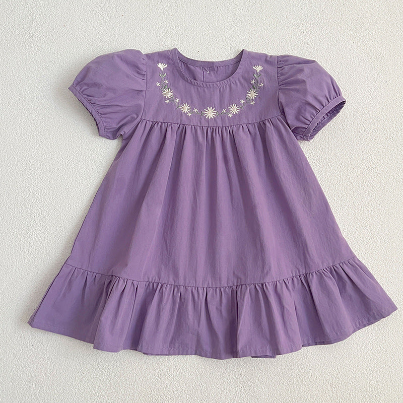 Summer Girls Floral Pattern Embroidery Crew Neck Dress in purple and beige, showcasing floral embroidery and a classic crew neck design.