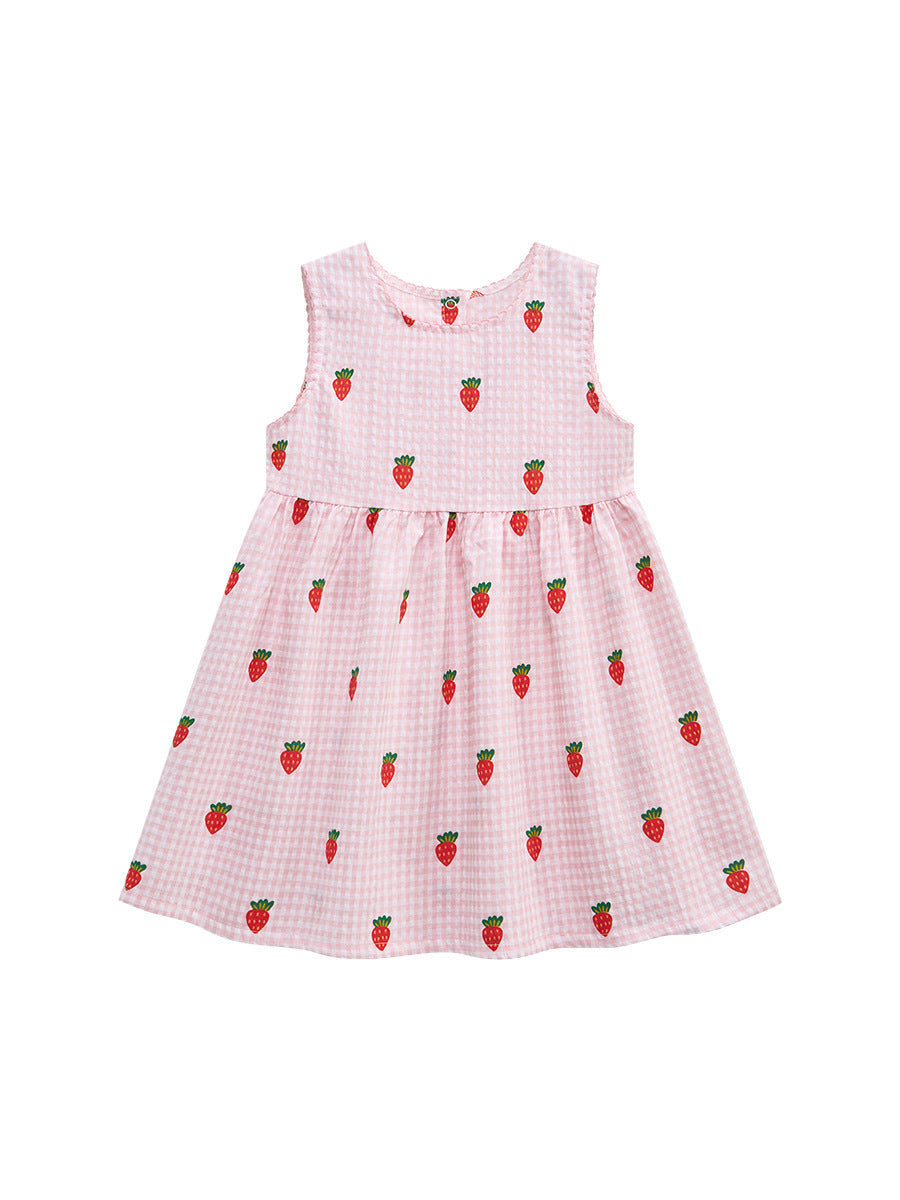 A vibrant pink sleeveless dress for girls featuring a playful carrots print pattern and plaid design, perfect for summer wear.