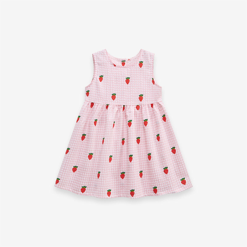 A vibrant pink sleeveless dress for girls featuring a playful carrots print pattern and plaid design, perfect for summer wear.