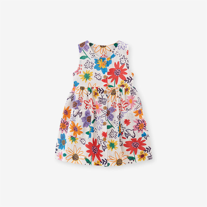 A beautiful summer dress for girls featuring a colorful floral pattern, made of soft cotton, perfect for warm weather and special occasions.